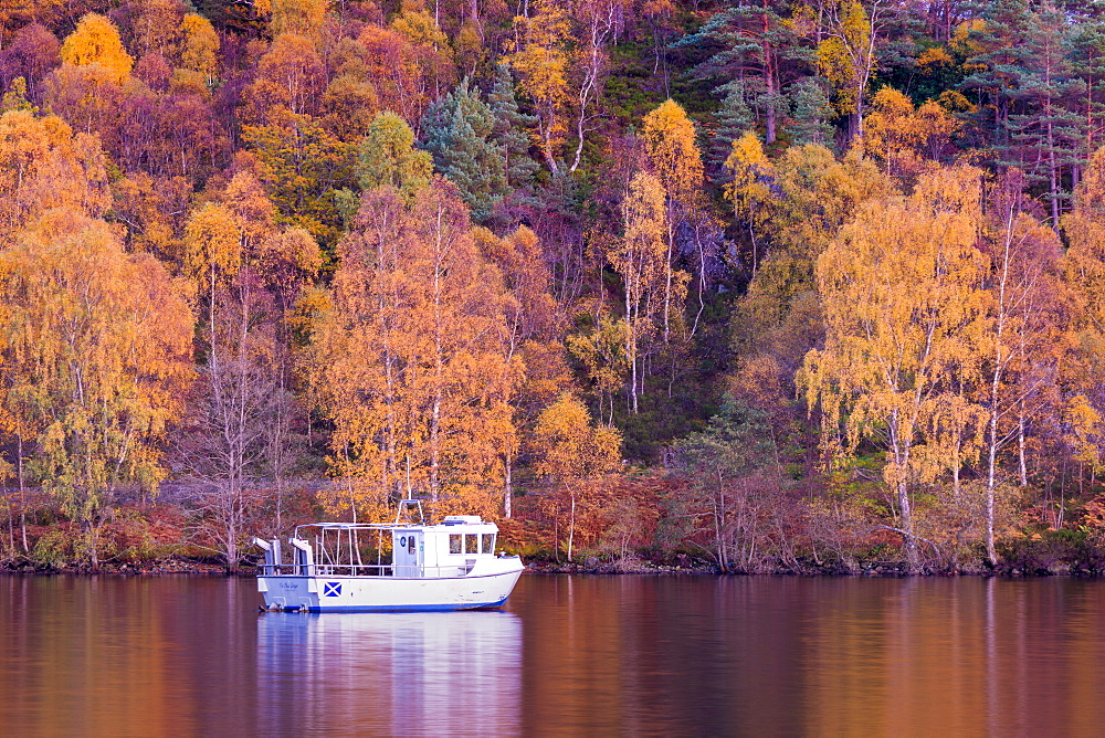 Boat moored at Loch Katrine, autumn colours, The Trossachs, Scotland, United Kingdom, Europe