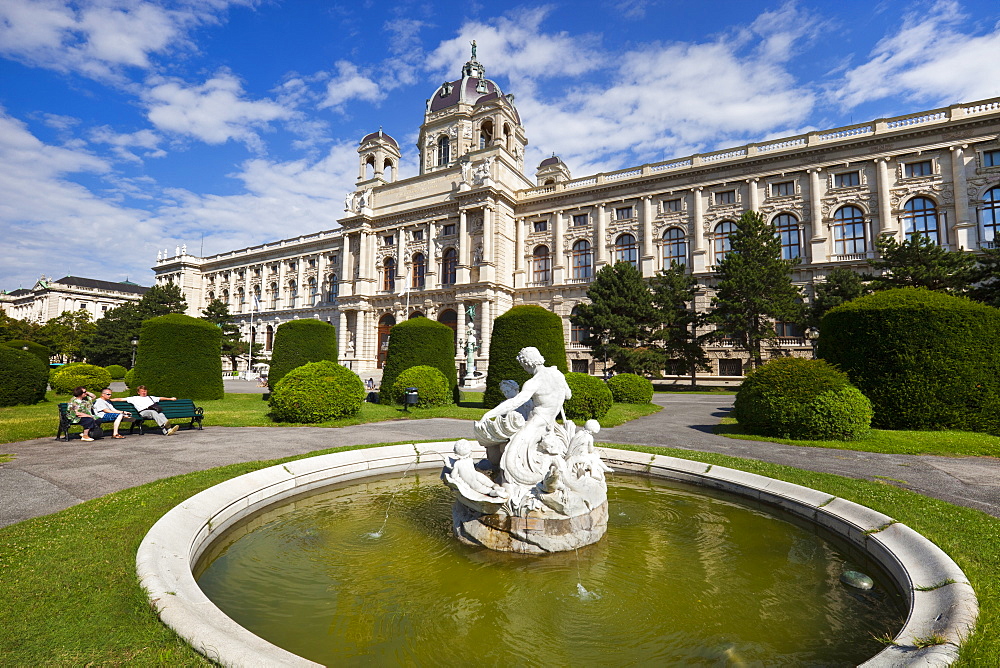 Sculpted fountain in front of Natural History Museum (Naturhistorisches Museum), Maria-Theresien-Platz, Vienna, Austria, Europe