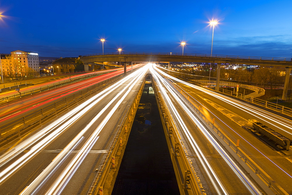 M8 Motorway trail lights, Kingston Bridge, Glasgow, Scotland, United Kingdom, Europe