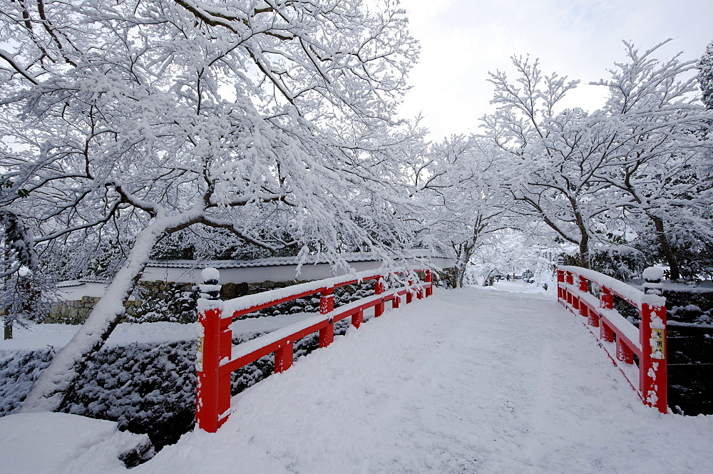 Snow-covered Japanese bridge, Ohara valley, Kyoto, Japan, Asia