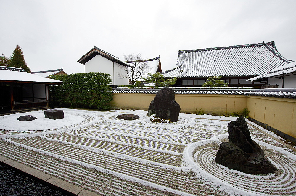 Snow-covered rock garden in Ryogen-in temple, Kyoto, Japan, Asia