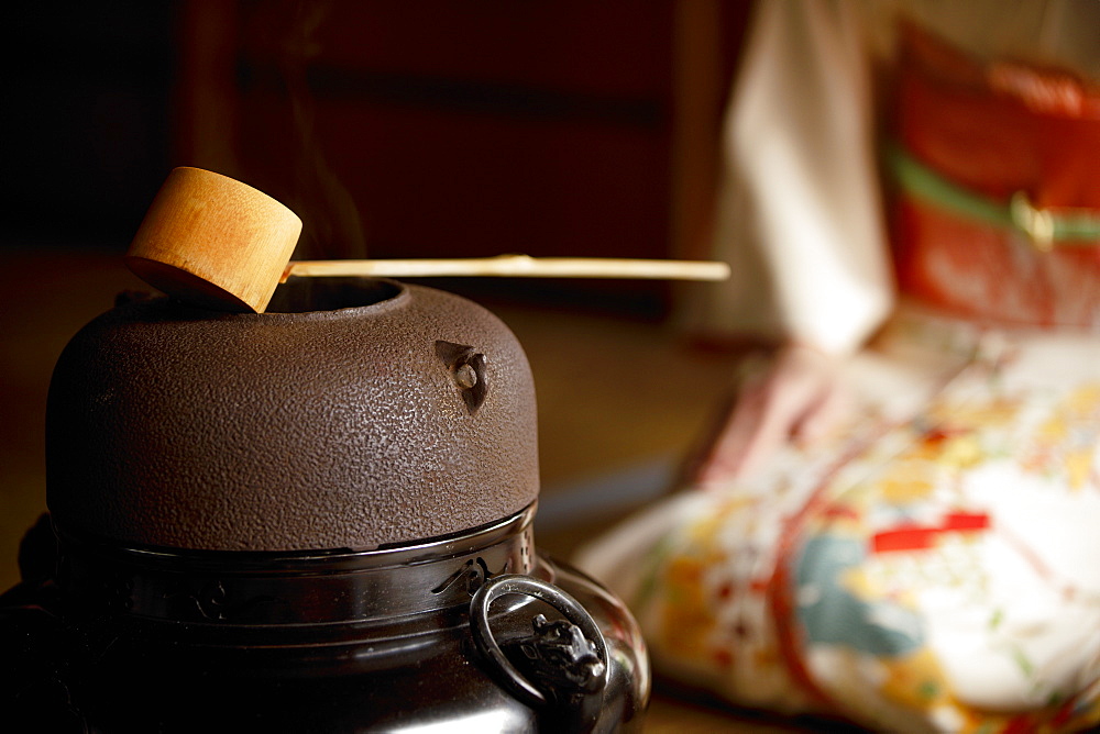 Bamboo ladle resting on water pot during tea ceremony, Shodensanso villa, Kyoto, Japan, Asia