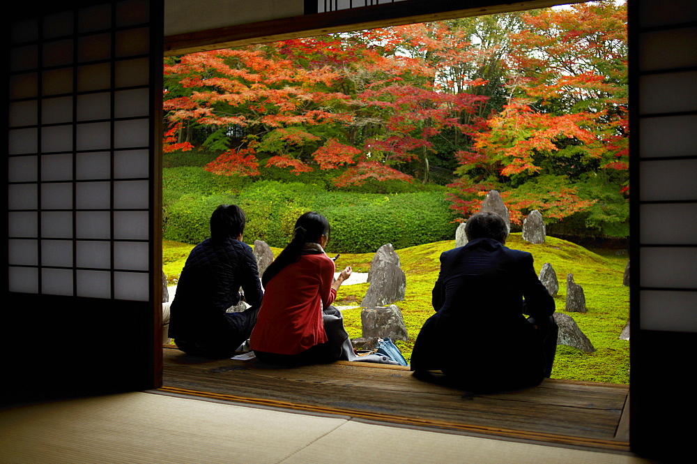 Visitors silently watching moss and rock garden, Komyo-in temple, Kyoto, Japan, Asia