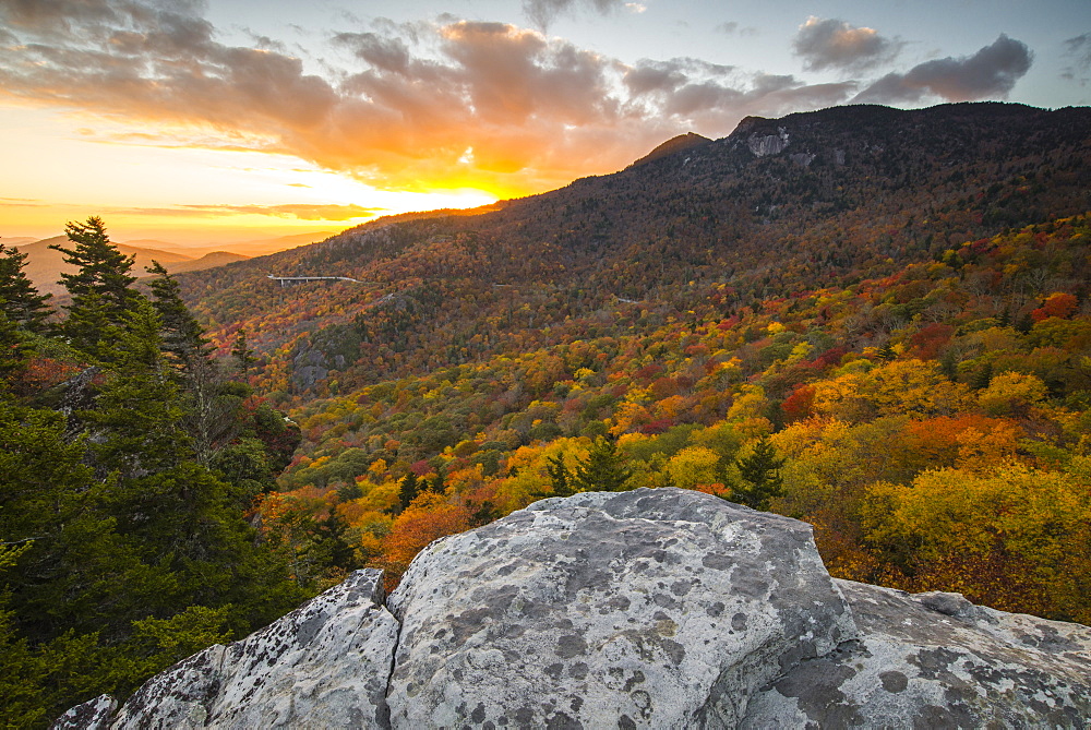 Sunset and autumn color at Grandfather Mountain, located on the Blue Ridge Parkway, North Carolina, United States of America, North America