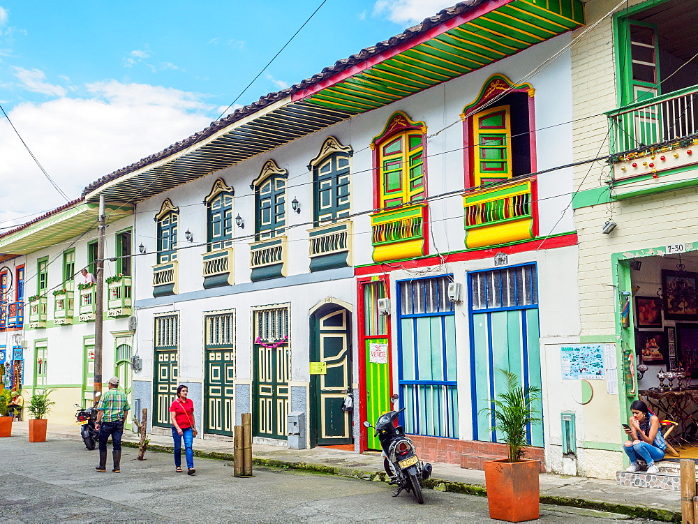 Colorful buildings line the streets, Filandia, Coffee Region, Colombia, South America