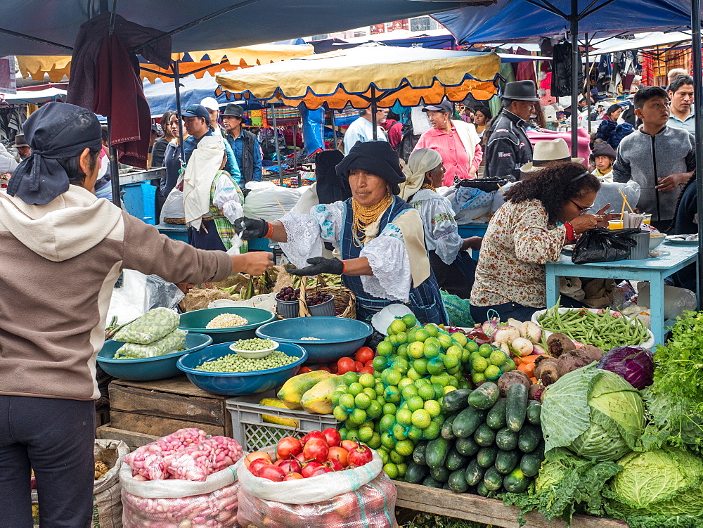 Produce for sale, market, Plaza de los Ponchos, Otavalo, Ecuador, South America