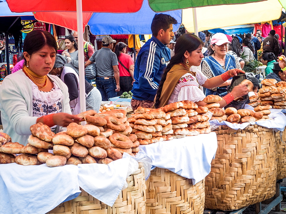 Bread for sale, market, Plaza de los Ponchos, Otavalo, Ecuador, South America