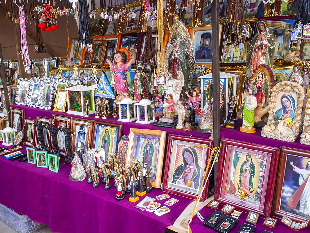 Stall selling holy images, Fiesta of the Virgin of Guadalupe, patron of Mexico, Oaxaca, Mexico, North America