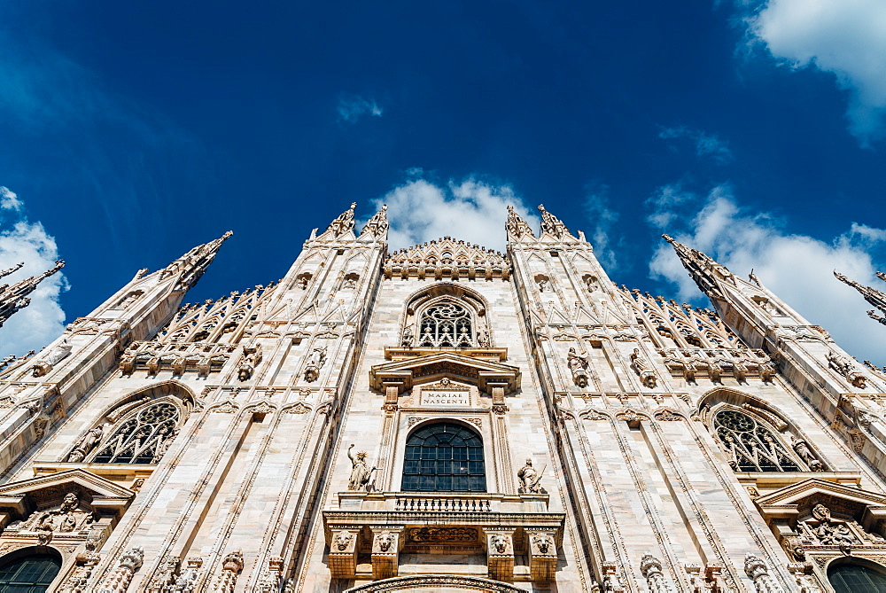 Front and wide angle view of Milan's iconic Duomo Cathedral, Milan, Lombardy, Italy, Europe