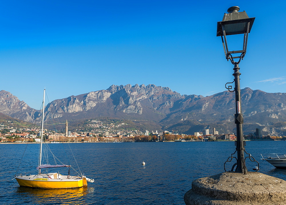 Lake of Lecco, a branch of Lake Como in the southern Alps with the city of Lecco in the background, Lombardy, Italian Lakes, Italy, Europe