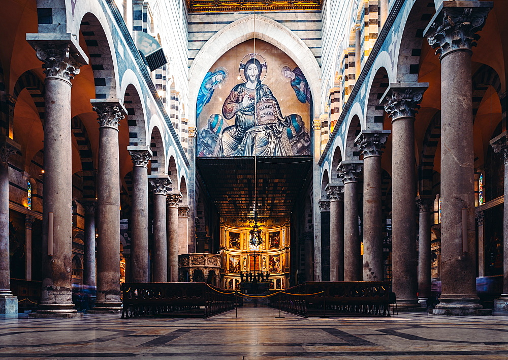 Interior of Pisa Cathedral, a medieval Roman Catholic cathedral dedicated to the Assumption of the Virgin Mary, Pisa, Tuscany, Italy, Europe