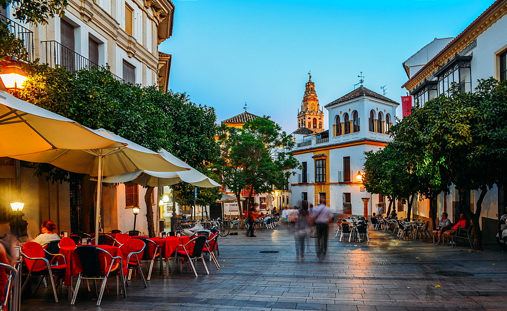 Pedestrian street in the historic centre with the Bell Tower of La Mezquita (Great Mosque) in background, Cordoba, Andalucia, Spain, Europe