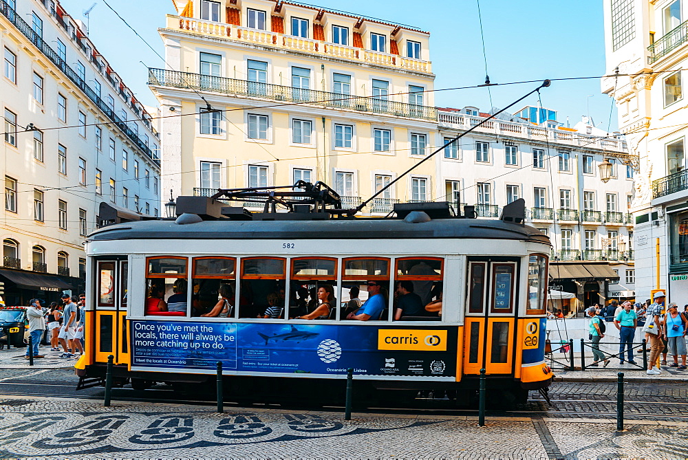 Traditional tram at Chiado neighbourhood in Lisbon, Portugal, Europe