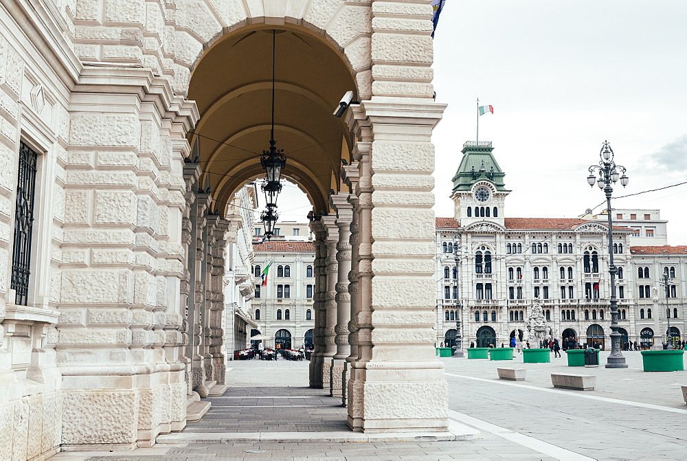 Detail of the Government Palace and City Hall facade, in the square of the Unity of Italy in Trieste, Friuli-Venezia Giulia, Italy, Europe