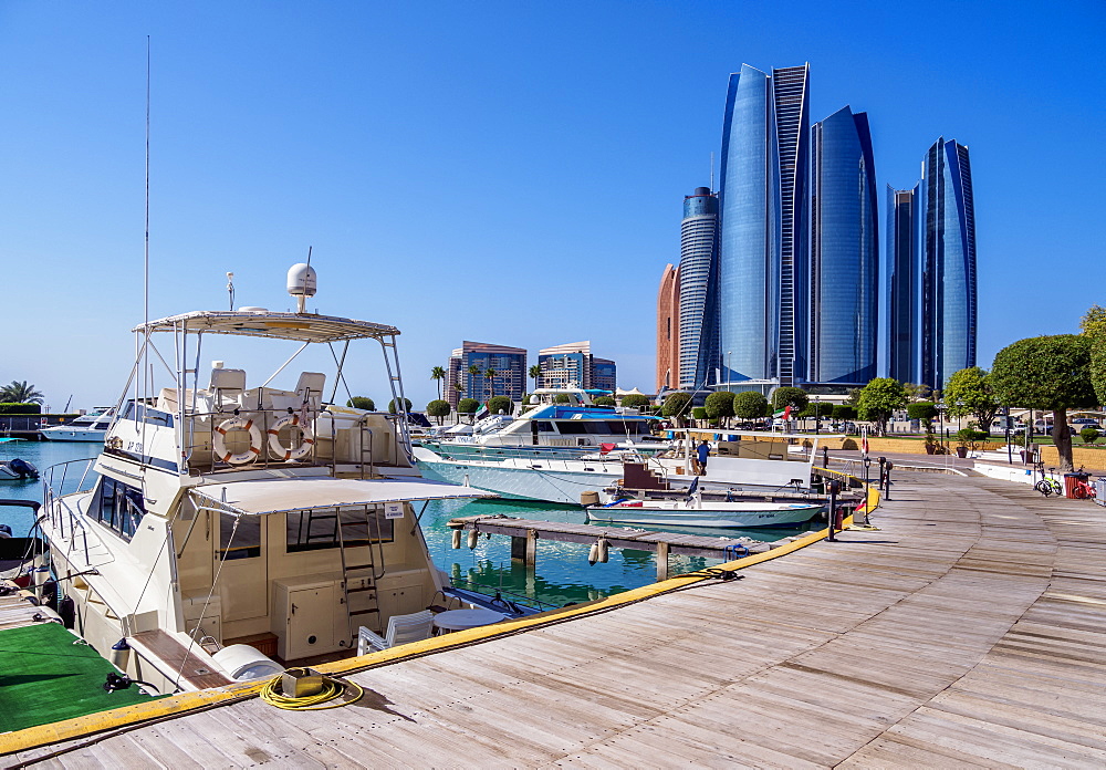 Skyline with Marina and Etihad Towers, Abu Dhabi, United Arab Emirates, Middle East