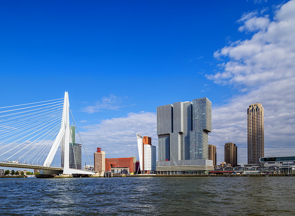 Erasmus Bridge and Kop van Zuid skyline, Rotterdam, South Holland, The Netherlands, Europe