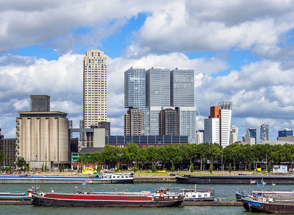 View over Maashaven towards De Rotterdam and KPN Tower buildings, Rotterdam, South Holland, The Netherlands, Europe