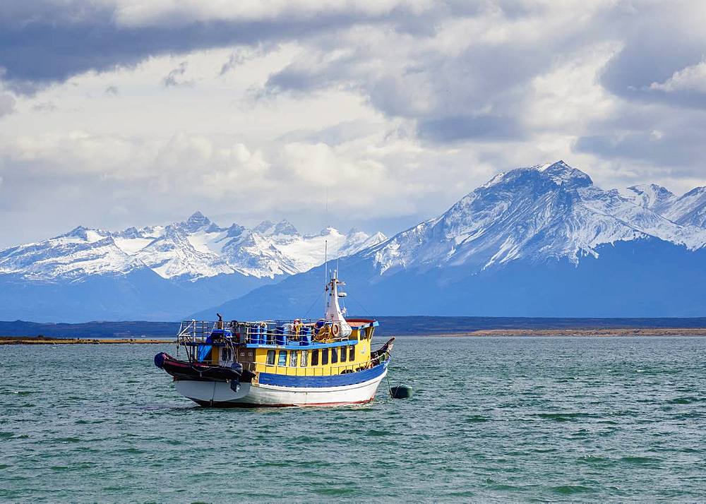 Boat in Admiral Montt Gulf, Puerto Natales, Ultima Esperanza Province, Patagonia, Chile, South America