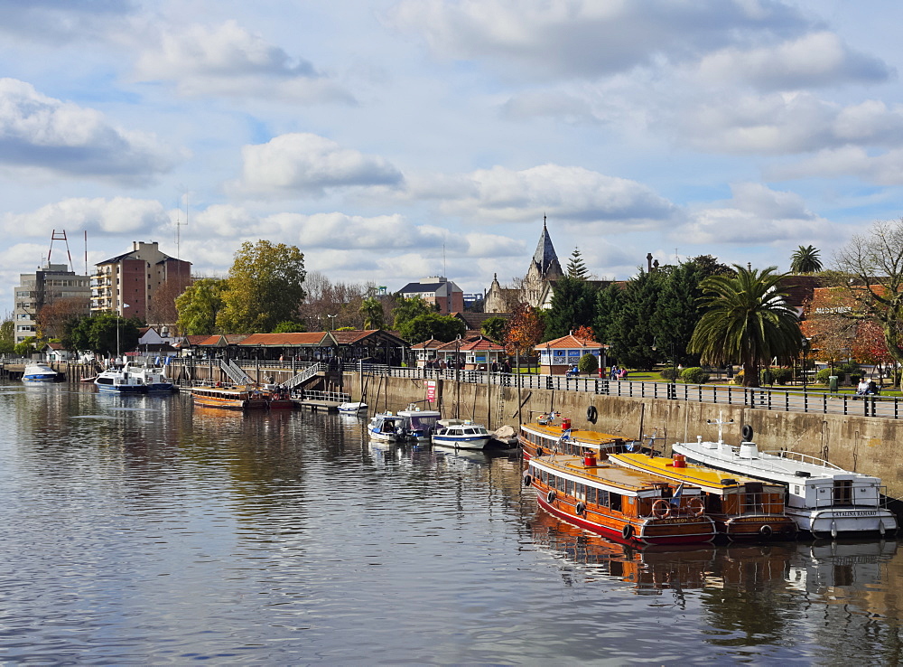 Vintage mahogany motorboats by the Fluvial Station on the Tigre River Canal, Tigre, Buenos Aires Province, Argentina, South America