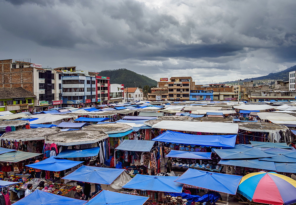 Saturday Handicraft Market, Plaza de los Ponchos, elevated view, Otavalo, Imbabura Province, Ecuador, South America