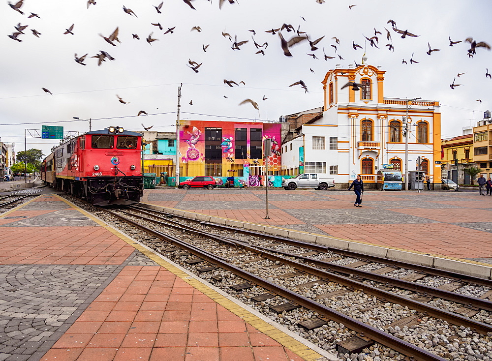 Train arriving at Railway Station in Riobamba, Chimborazo Province, Ecuador, South America