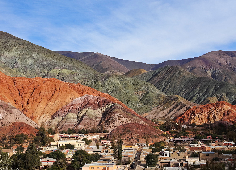 Elevated view of the town and the Hill of Seven Colours (Cerro de los Siete Colores), Purmamarca, Jujuy Province, Argentina, South America