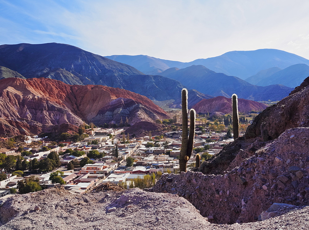 Elevated view of the town and the Hill of Seven Colours (Cerro de los Siete Colores), Purmamarca, Jujuy Province, Argentina, South America