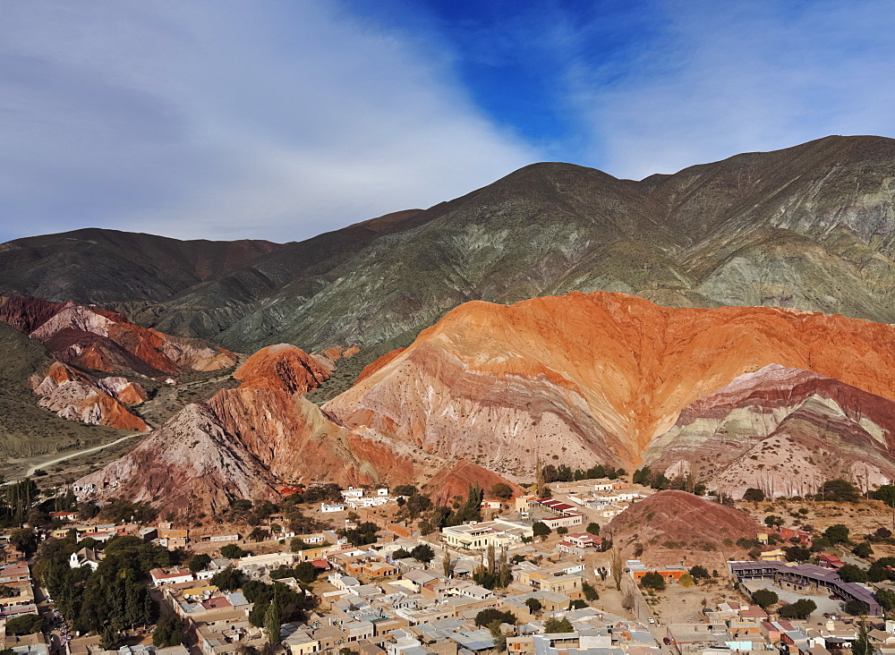 Elevated view of the town and the Hill of Seven Colours (Cerro de los Siete Colores), Purmamarca, Jujuy Province, Argentina, South America