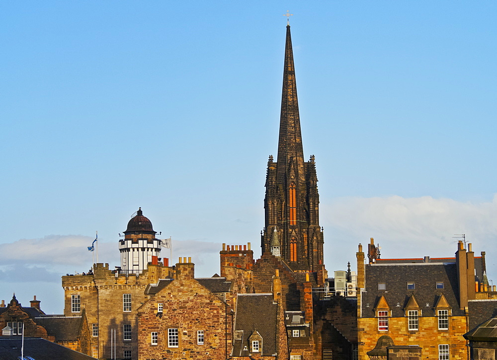 View towards The Hub and Camera Obscura, Old Town, Edinburgh, Lothian, Scotland, United Kingdom, Europe