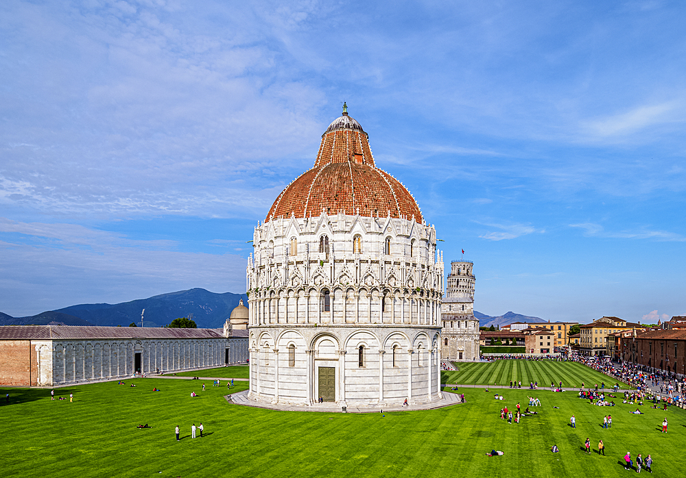 San Giovanni Baptistery, elevated view, Piazza dei Miracoli, UNESCO World Heritage Site, Pisa, Tuscany, Italy, Europe