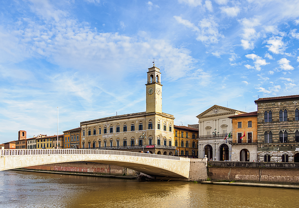 Palazzo Pretorio and Ponte Di Mezzo over Arno River, Pisa, Tuscany, Italy, Europe