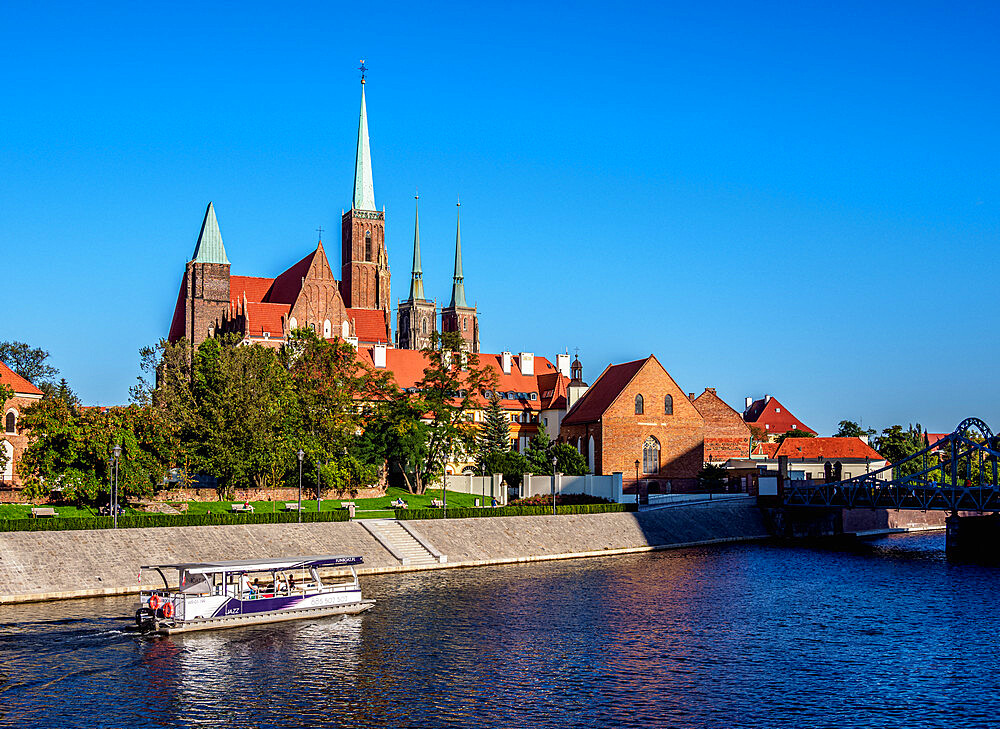 View over Oder River towards Holy Cross Church at Ostrow Tumski District, Wroclaw, Lower Silesian Voivodeship, Poland, Europe