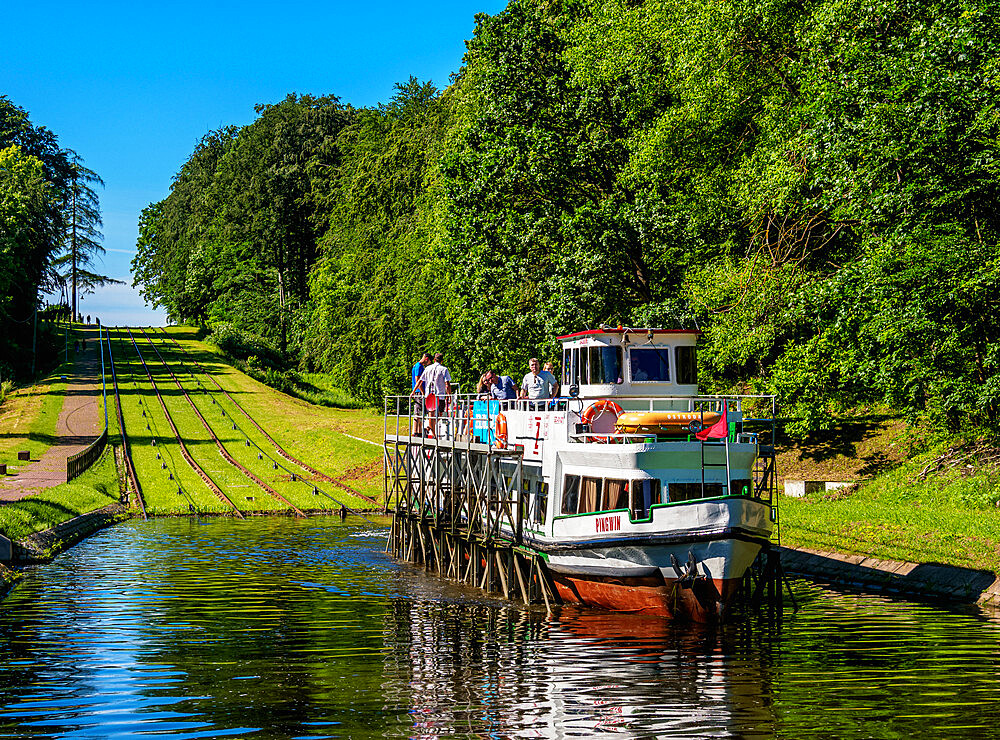 Tourist Boat in Cradle at Inclined Plane in Buczyniec, Elblag Canal, Warmian-Masurian Voivodeship, Poland, Europe