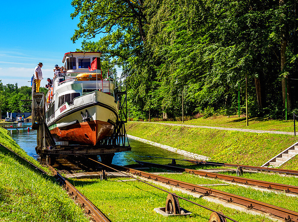 Tourist Boat in Cradle at Inclined Plane in Buczyniec, Elblag Canal, Warmian-Masurian Voivodeship, Poland, Europe