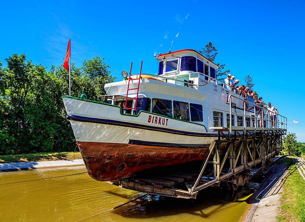 Tourist Boat in Cradle at Inclined Plane in Jelenie, Elblag Canal, Warmian-Masurian Voivodeship, Poland, Europe