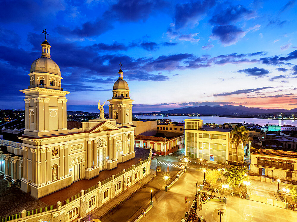 Nuestra Senora de la Asuncion Cathedral at dusk, Parque Cespedes, Santiago de Cuba, Santiago de Cuba Province, Cuba, West Indies, Caribbean, Central America