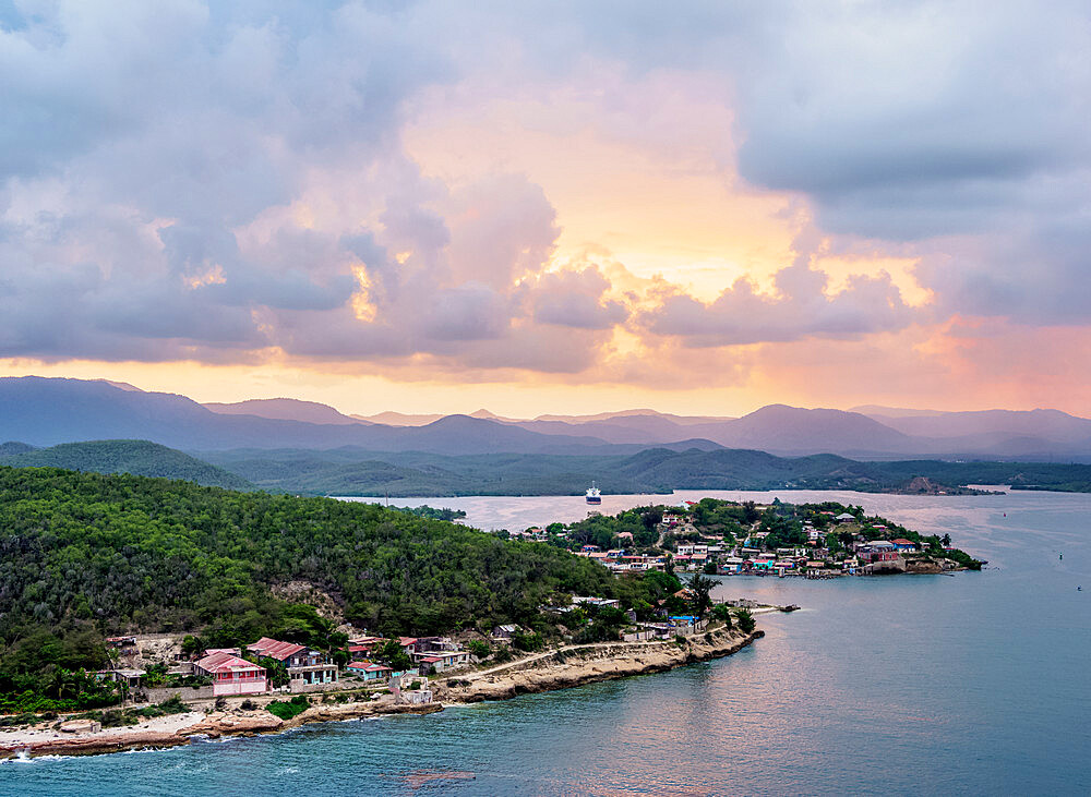 Santiago de Cuba Bay at sunset, elevated view, Santiago de Cuba Province, Cuba, West Indies, Caribbean, Central America