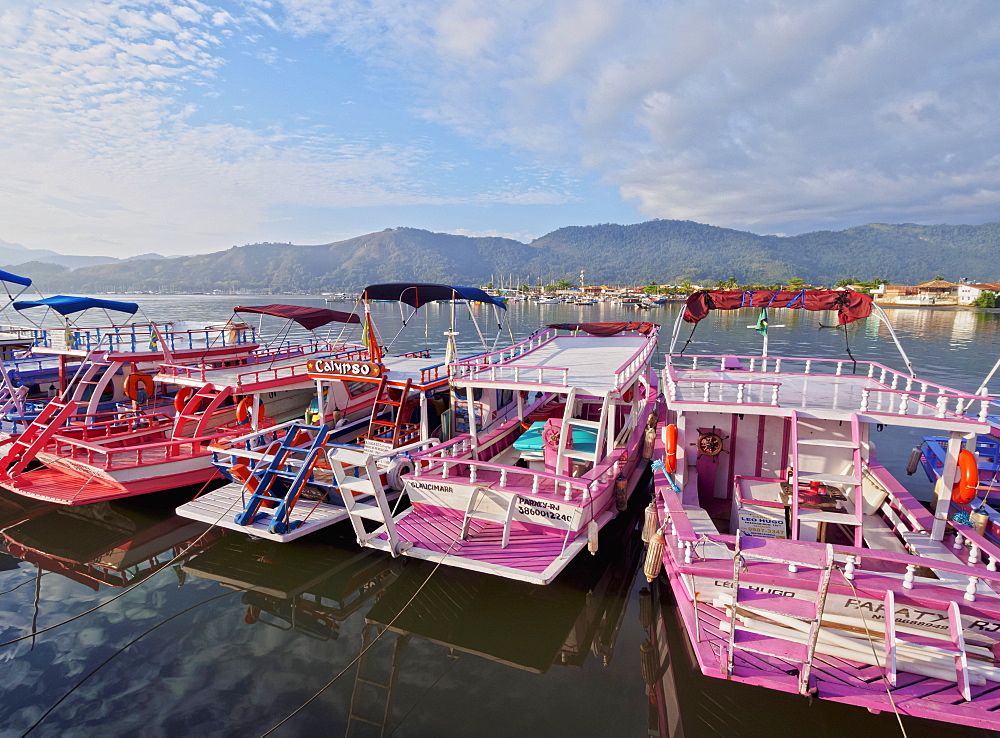 View of the colourful boats in Paraty, State of Rio de Janeiro, Brazil, South America