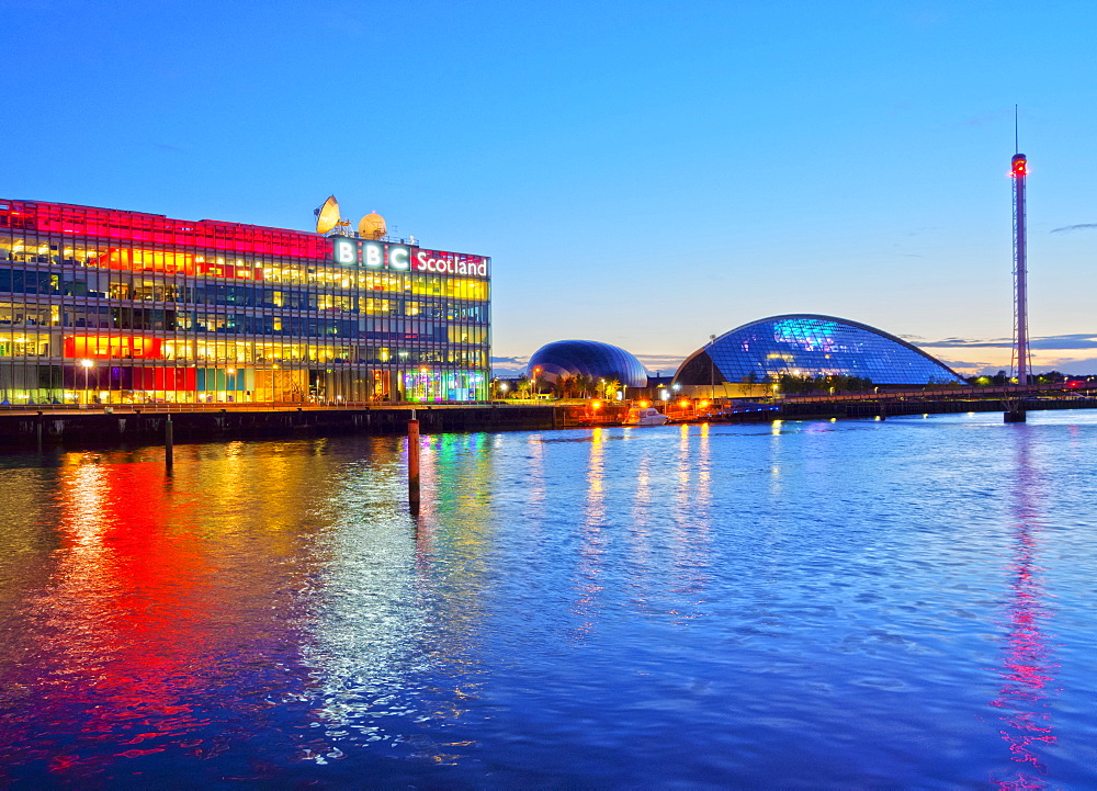 Twilight view of the BBC Scotland and the Glasgow Science Centre, Glasgow, Scotland, United Kingdom, Europe