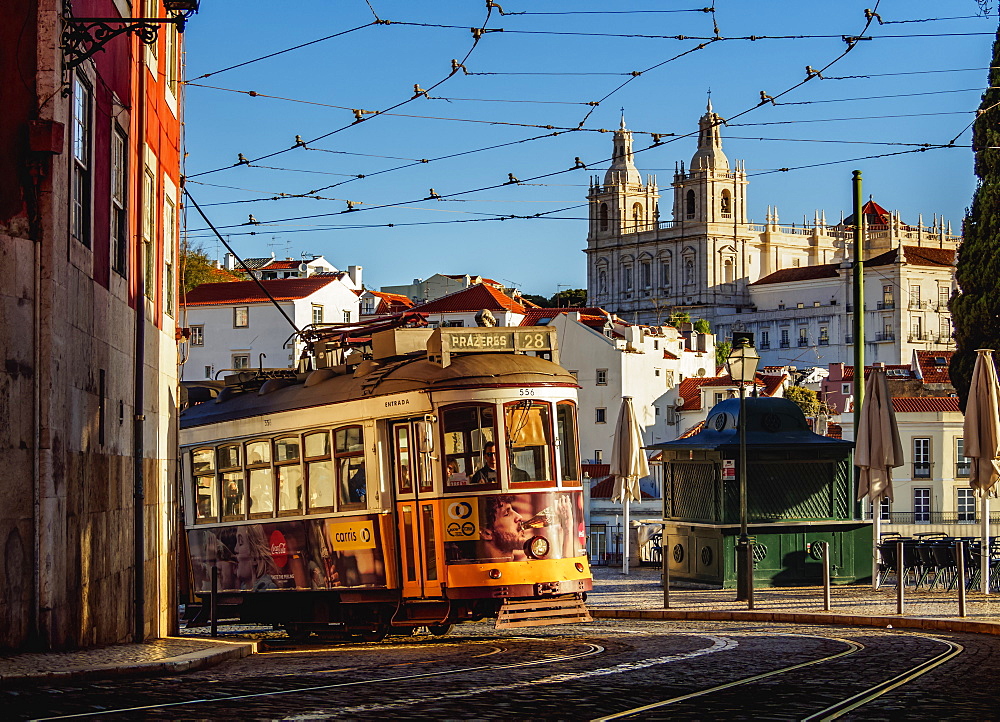 Tram number 28 in Alfama, Lisbon, Portugal, Europe