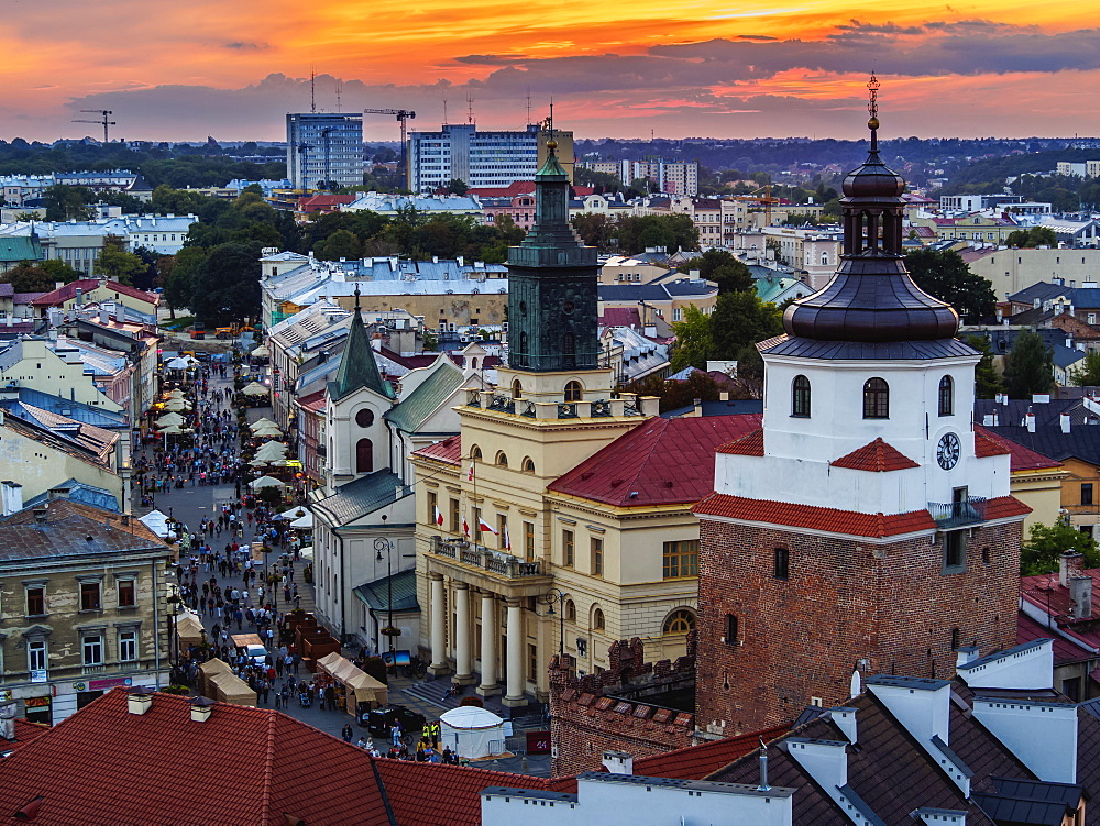 Elevated view towards the Krakow Gate, City Hall and Krakowskie Przedmiesc, Old Town, City of Lublin, Lublin Voivodeship, Poland, Europe