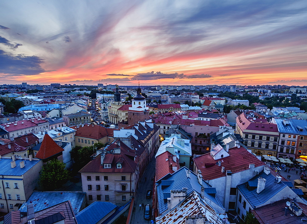 Elevated view of the Old Town at sunset, City of Lublin, Lublin Voivodeship, Poland, Europe