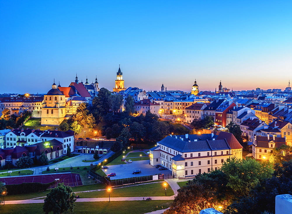 Old Town skyline at twilight, City of Lublin, Lublin Voivodeship, Poland, Europe