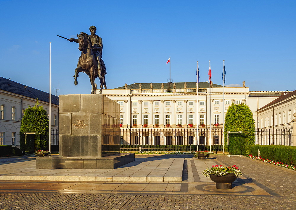 Krakowskie Przedmiescie Street, Presidential Palace and Prince Jozef Poniatowski Statue, Warsaw, Masovian Voivodeship, Poland, Europe