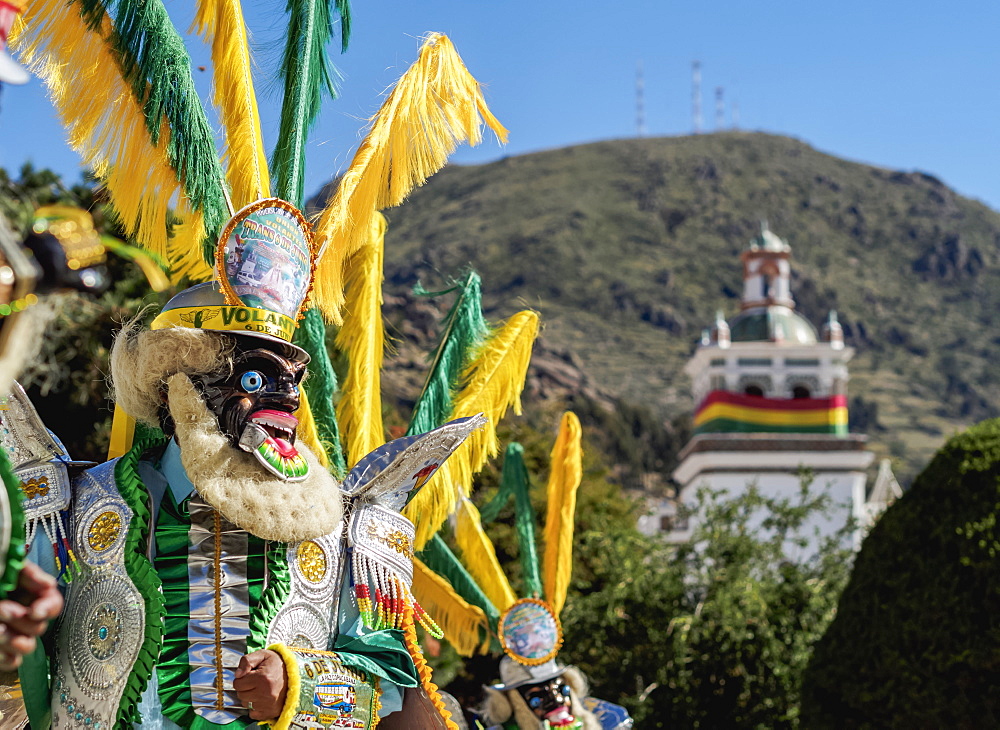 Masked dancer in traditional costume, Fiesta de la Virgen de la Candelaria, Copacabana, La Paz Department, Bolivia, South America