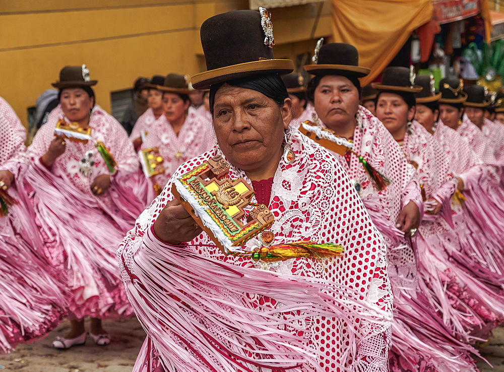 Dancers in traditional costume, Fiesta de la Virgen de la Candelaria, Copacabana, La Paz Department, Bolivia, South America