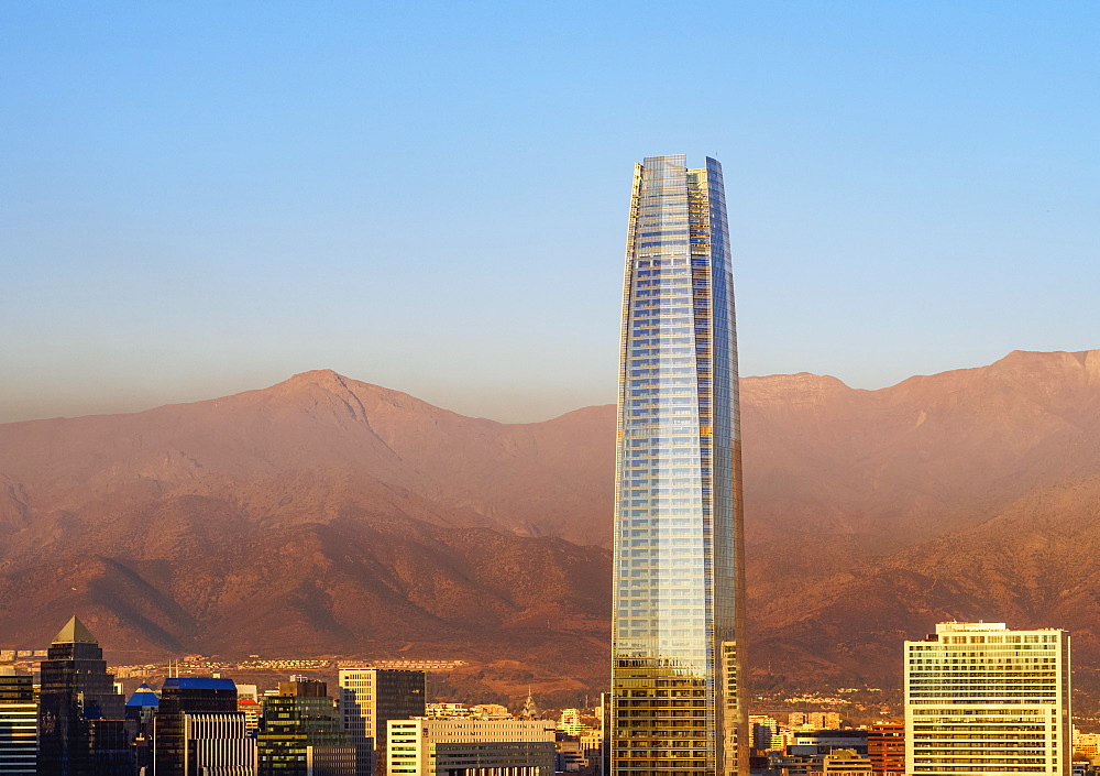 Providencia with Gran Torre Santiago seen from the Metropolitan Park, sunset, Santiago, Chile, South America