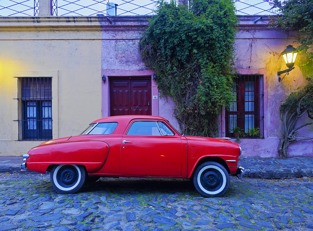 Vintage Studebaker car on a cobblestone lane of the historic quarter, Colonia del Sacramento, Colonia Department, Uruguay, South America