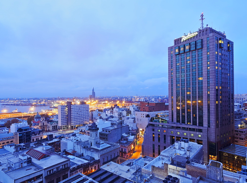 Elevated view of the City Centre with the characteristic building of the Radisson Hotel, Montevideo, Uruguay, South America