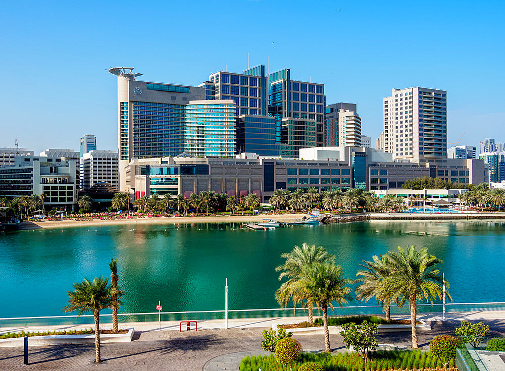 Abu Dhabi Mall and Rotana Beach Hotel seen from Al Maryah Island, Abu Dhabi, United Arab Emirates, Middle East